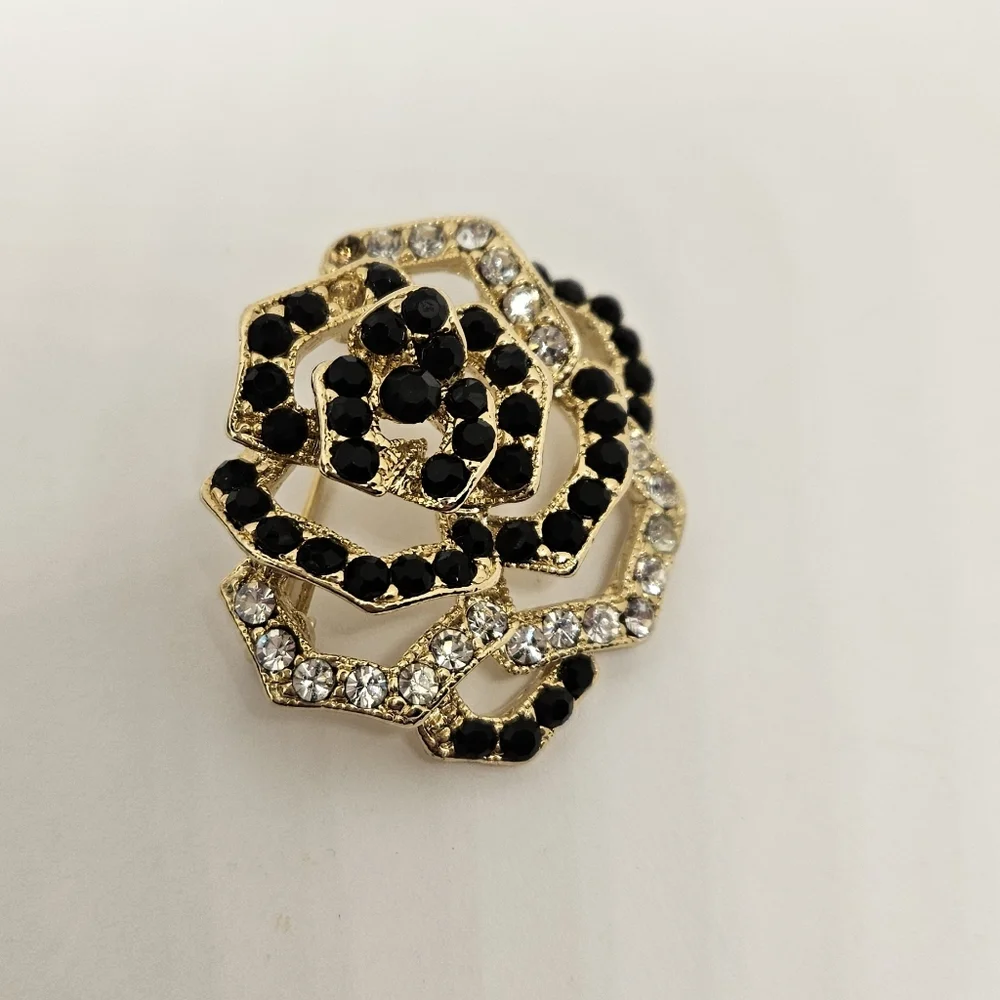 Flower Brooch Pin Rose Black Clear Rhinestones Crystals Open Work Multilayer